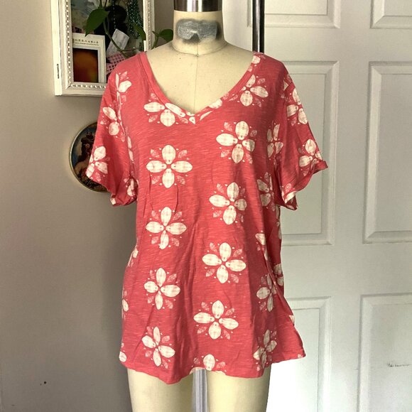 SONOMA Pink CORAL Floral Classic V-Neck soft T-Shirt *X-LARGE* - Picture 2 of 6